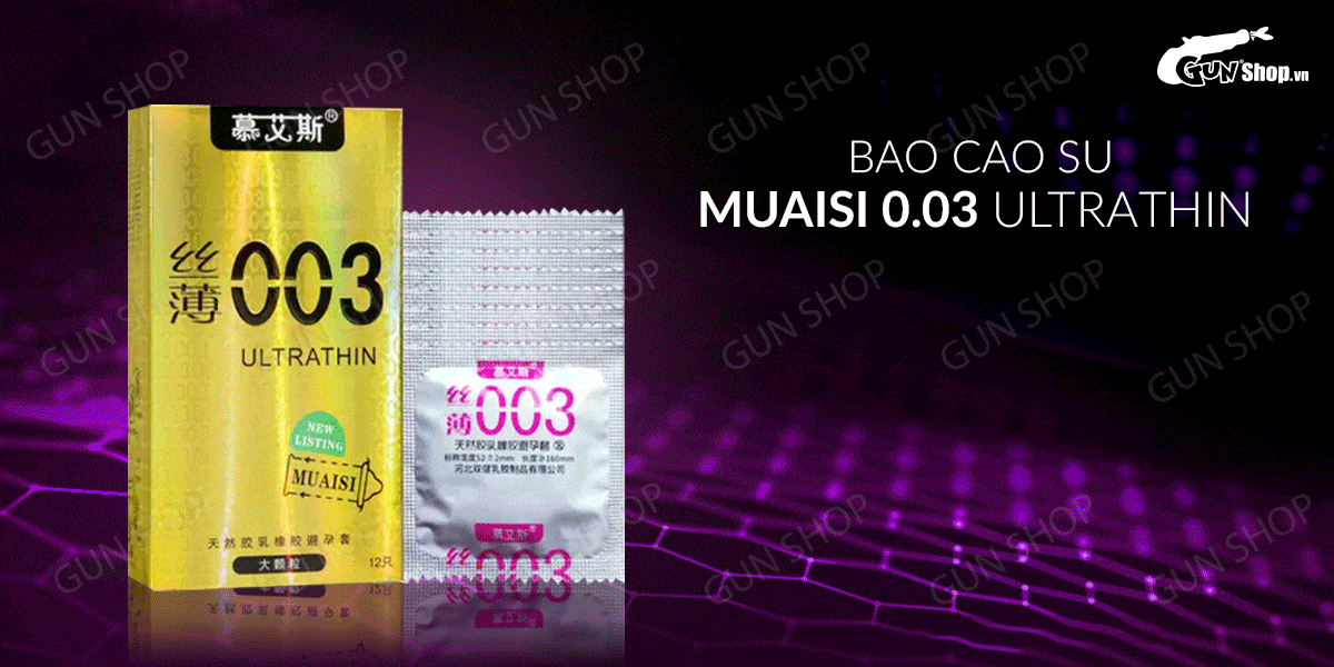 Bao cao su siêu mỏng Muaisi 0.03 vàng hạt - Hộp 12 chiếc