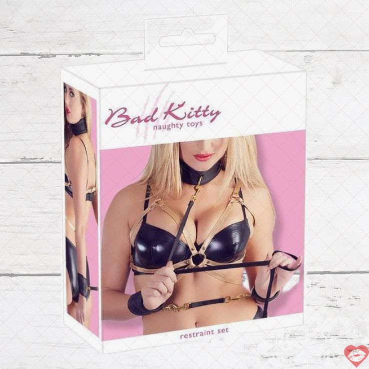 Bondage Set Đen Da Thật Dây Dắt Còng Tay Chặt