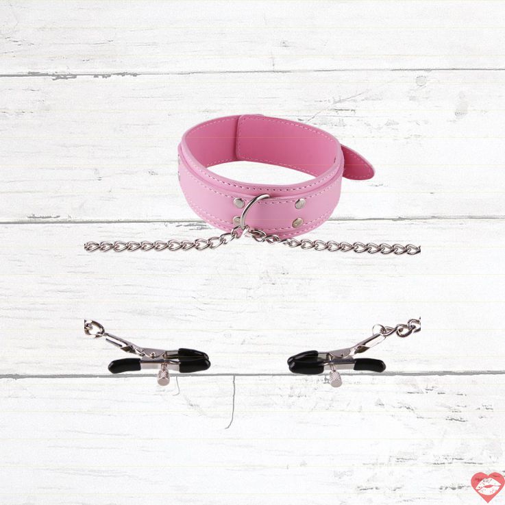 Vòng Cổ Da Hồng BDSM Kẹp Vú Điều Chỉnh Siêu Thú