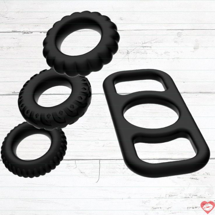 Addicted Toys vòng dương vật 4 món đen silicon bền bỉ tăng khoái cảm